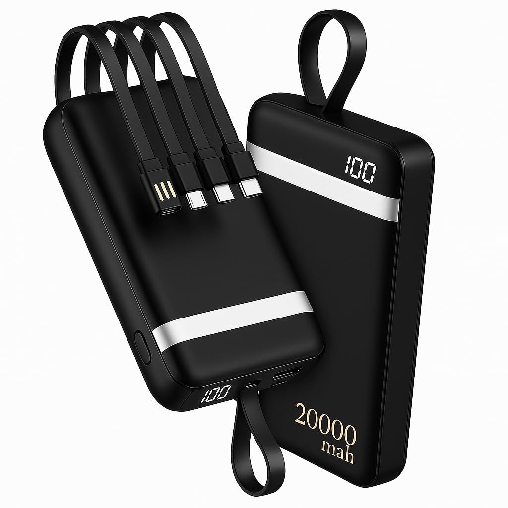 Power Bank 20000mAh: Carregador Portátil Turbo com 4 Cabos Embutidos e Carga Rápida