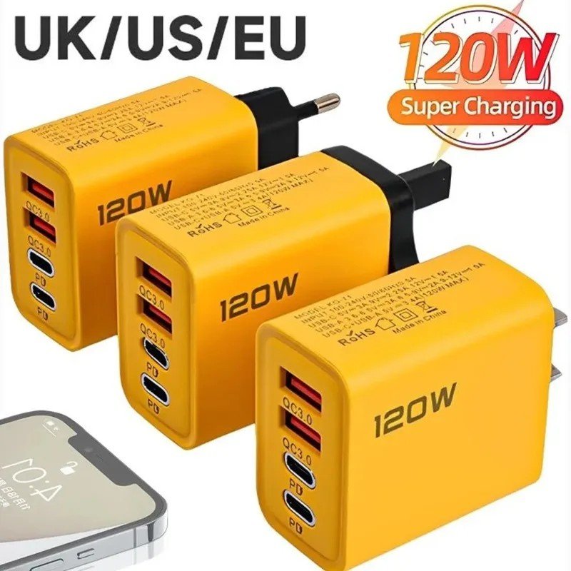 Carregador Rápido 120W: 4 Portas, PD e QC3.0