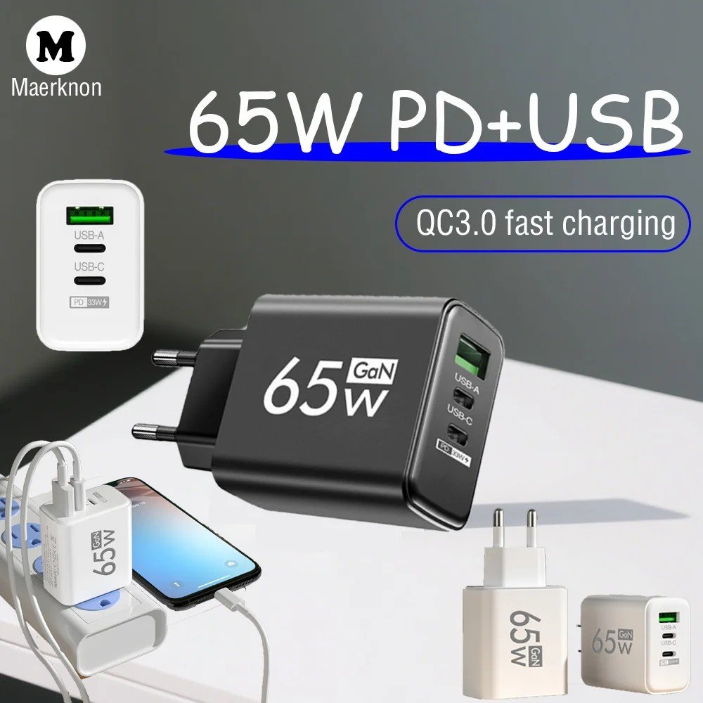 Carregador Rápido 65W: 3 Portas, PD & QC3.0