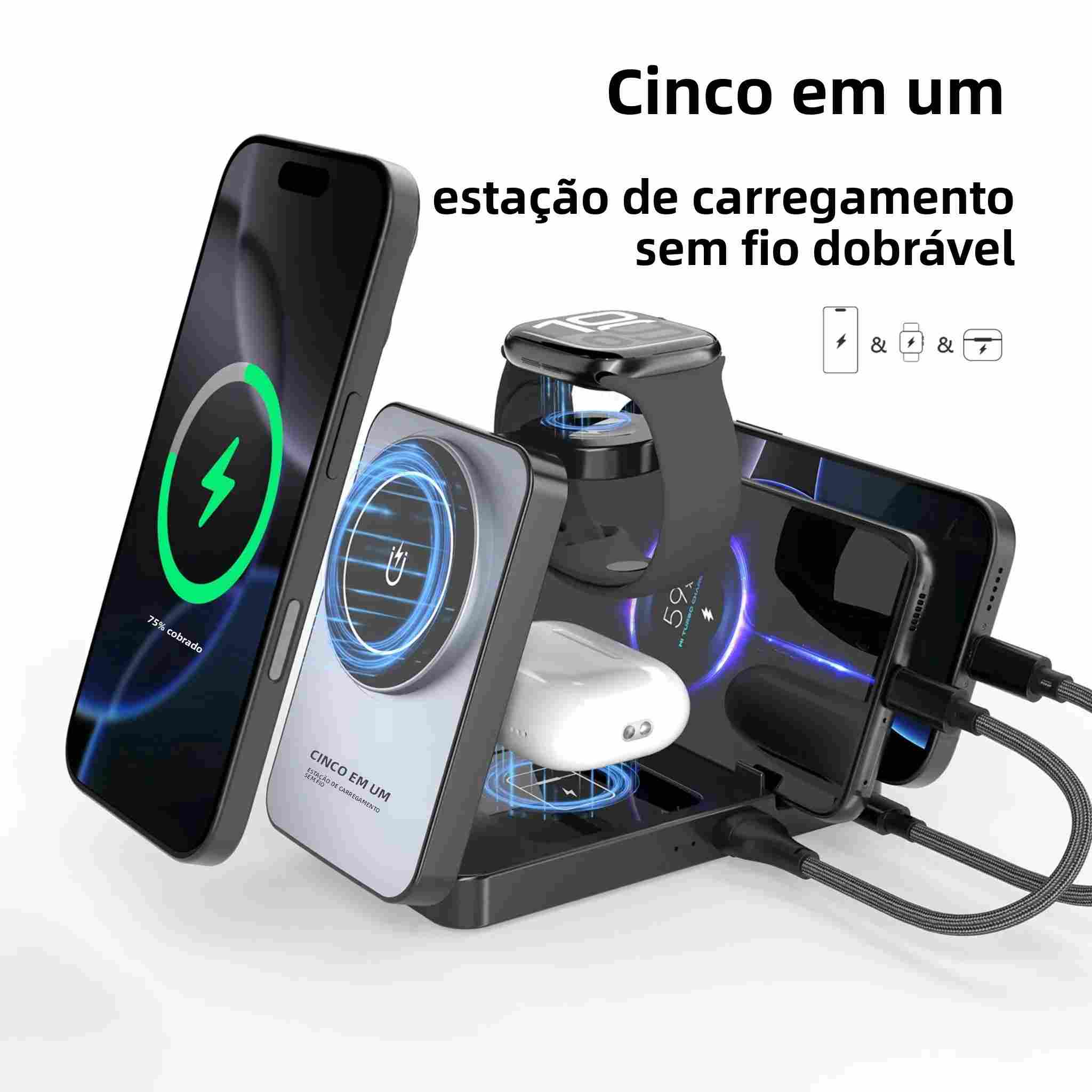 Carregador Sem Fio 5 em 1: iPhone + Apple Watch