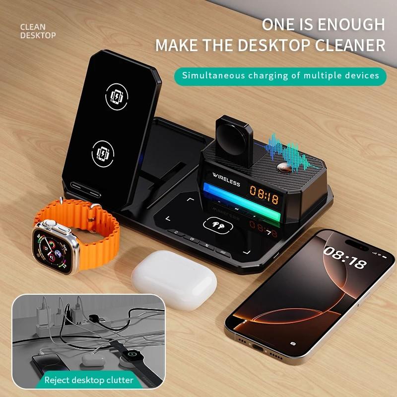Carregador Sem Fio 5 em 1: Som Bluetooth, Relógio e Luminária