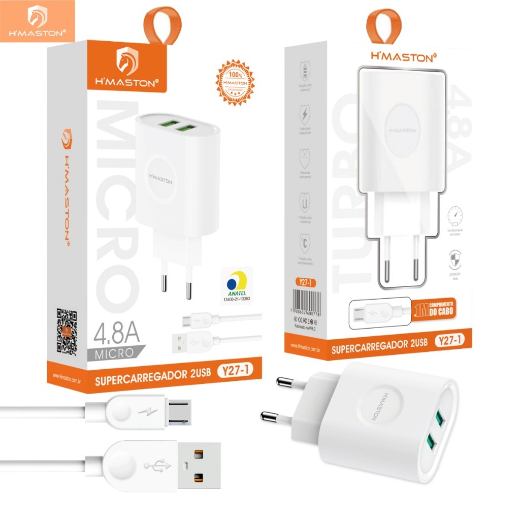 Carregador Turbo H'maston Y27: 2 USBs e 4.8A