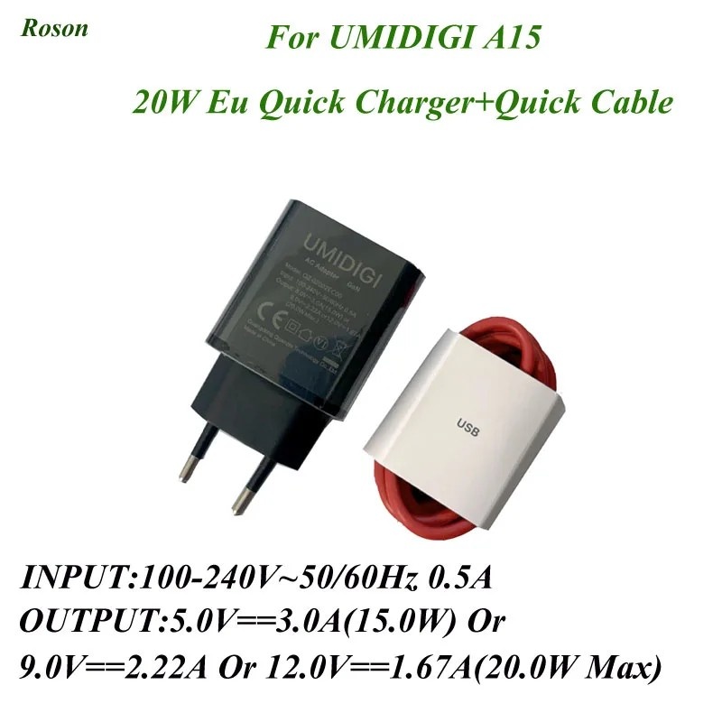 Carregador Turbo UMIDIGI A15: 20W + Cabo USB-C