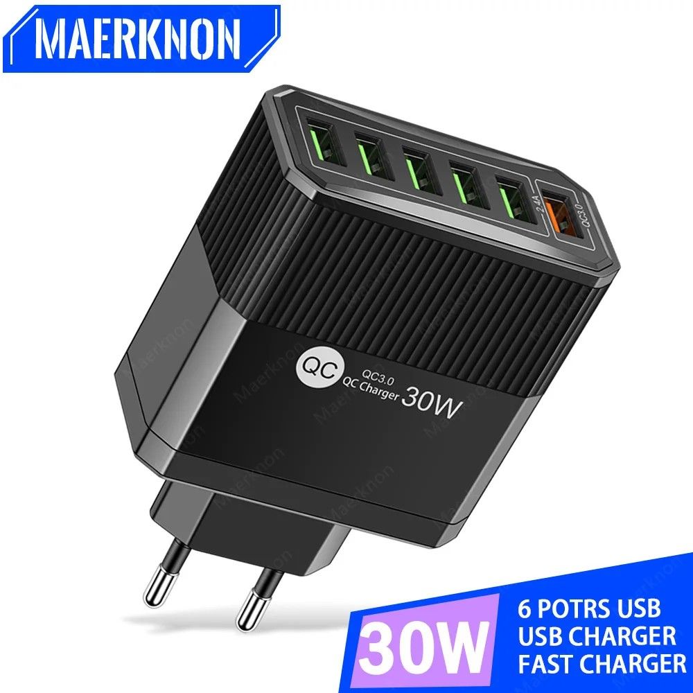 Carregador USB 30W: 6 Portas e Carga Rápida 3.0