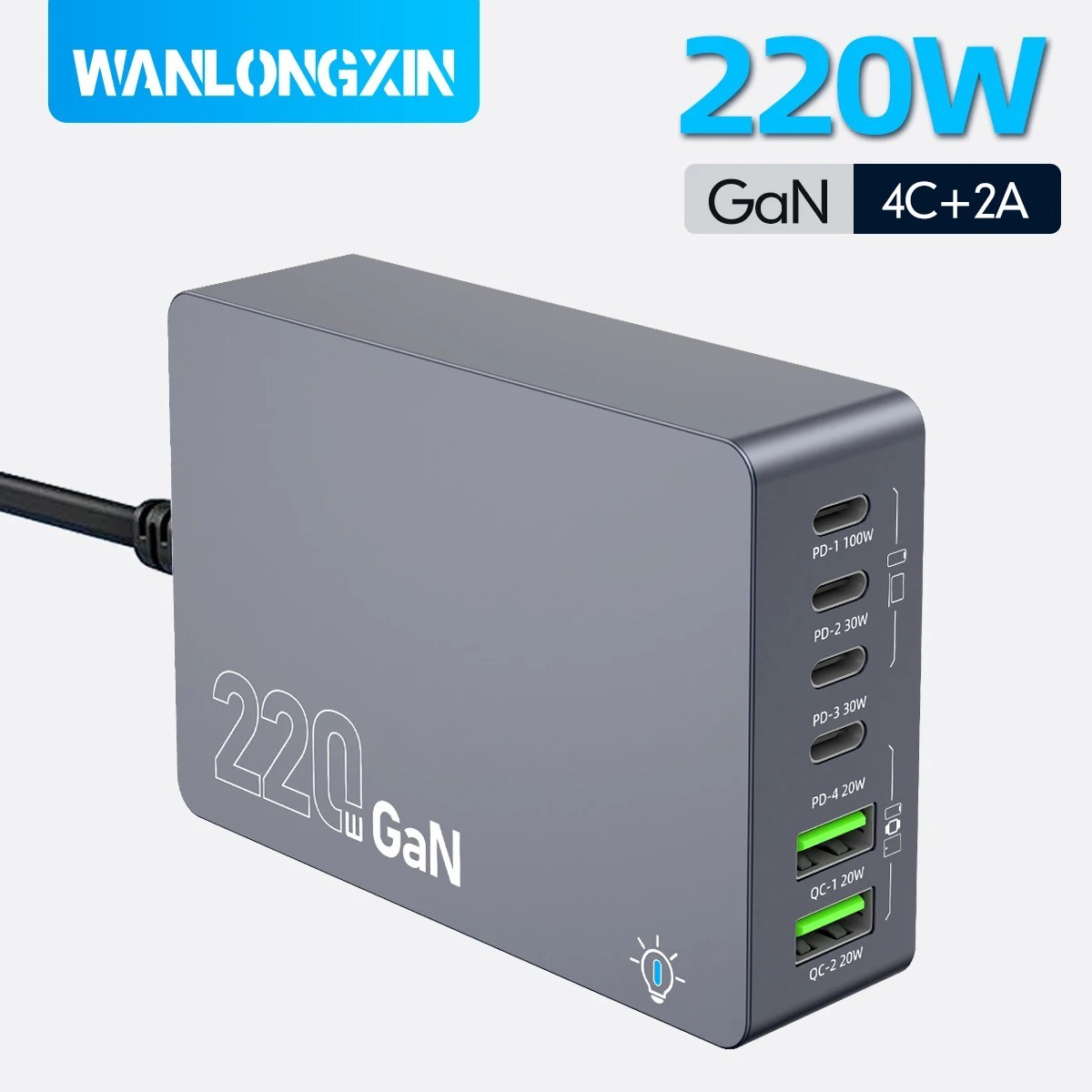 Carregador USB C 220W: Estação de Carga GaN 6 Portas