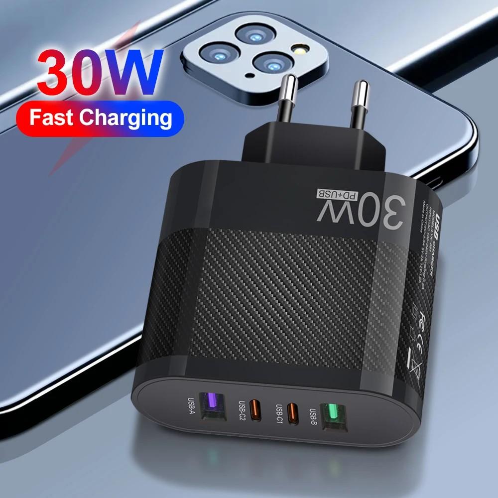 Carregador USB-C 30W: 4 Portas, Carga Rápida!