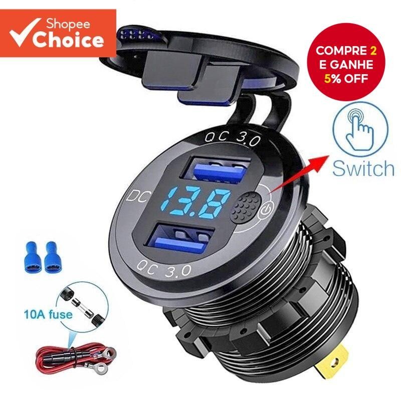Carregador USB Duplo QC 3.0 36W à Prova D'Água com Voltímetro para Carros e Caminhões