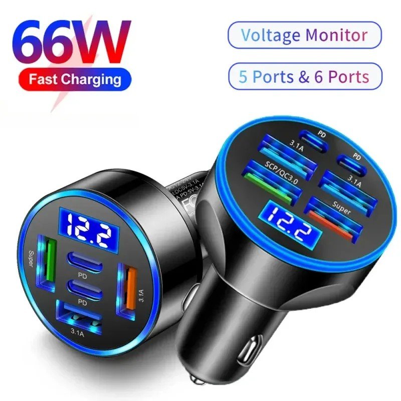 Carregador USB Veicular 66W: Carga Rápida e Monitoramento
