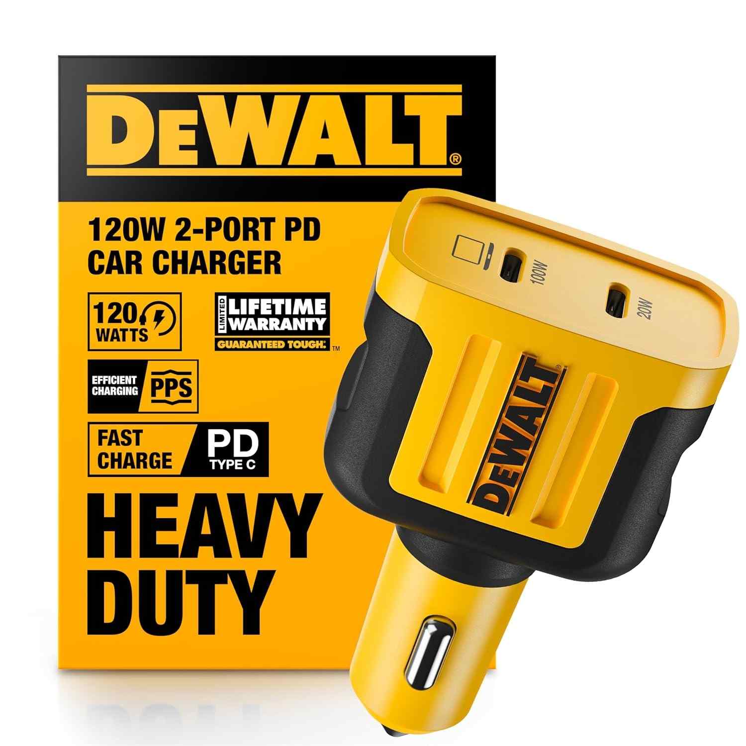 Carregador Veicular USB-C DEWALT 120W PD 3.0 PPS - Carregamento Rápido para iPhone, Galaxy e Pixel