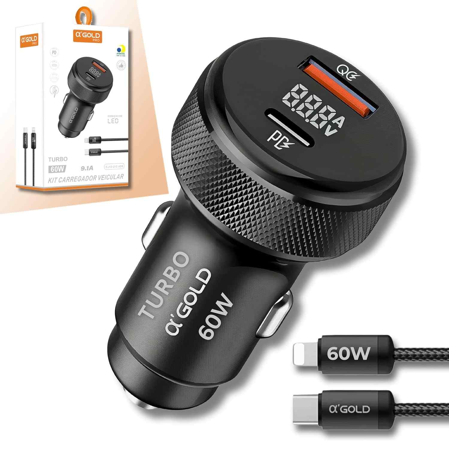 Carregador Veicular Turbo 60W MTS: Carregue 2 Dispositivos Simultaneamente com Cabo iOS Incluso!