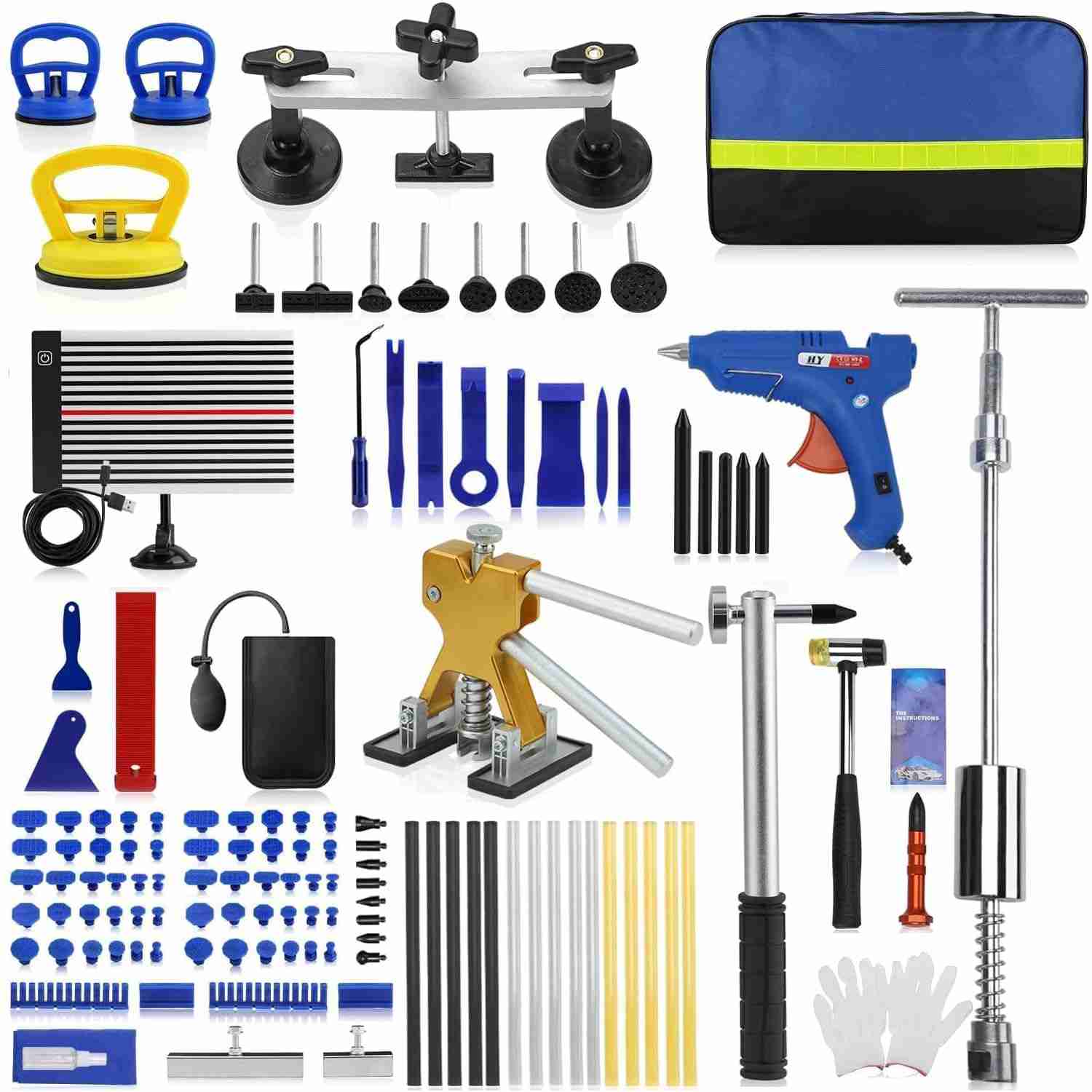 Kit de reparo de amassado sem pintura para carro de 128 peças com levantador de ouro, refletor, extrator de martelo T, levantador de ventosa, martelo substituível portátil para reparar