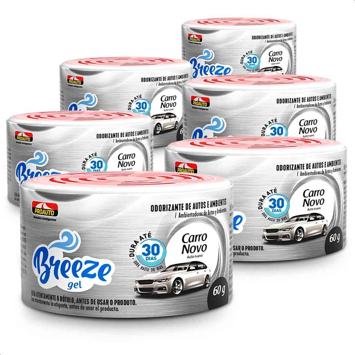 KIT 6 Cheirinhos Aromatizante Gel Carro Novo Breeze Pro Auto 60G - Frescor Duradouro