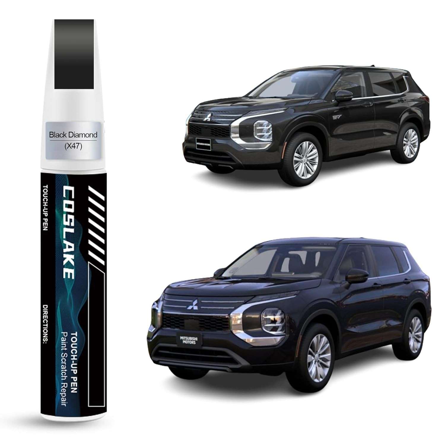 Tinta de retoque de carro (diamante preto (X47)) para Mitsubishi, kit de reparo de arranhões de pintura de carro, solução rápida e fácil de reparar, caneta removedor de arranhões 2 em 1 com 2