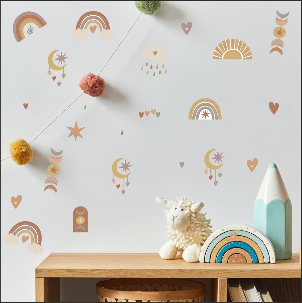 Cartela de Adesivos Boho Infantil para Decoração de Quarto – Designs Coloridos e Criativos para Estímulo e Diversão