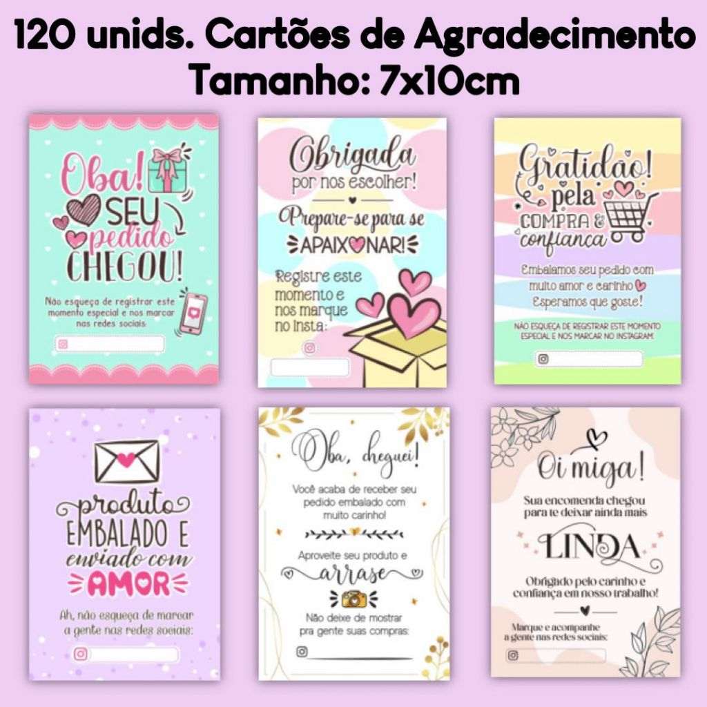 Cartões de Agradecimento Cliente: 120 Unidades 7x10cm