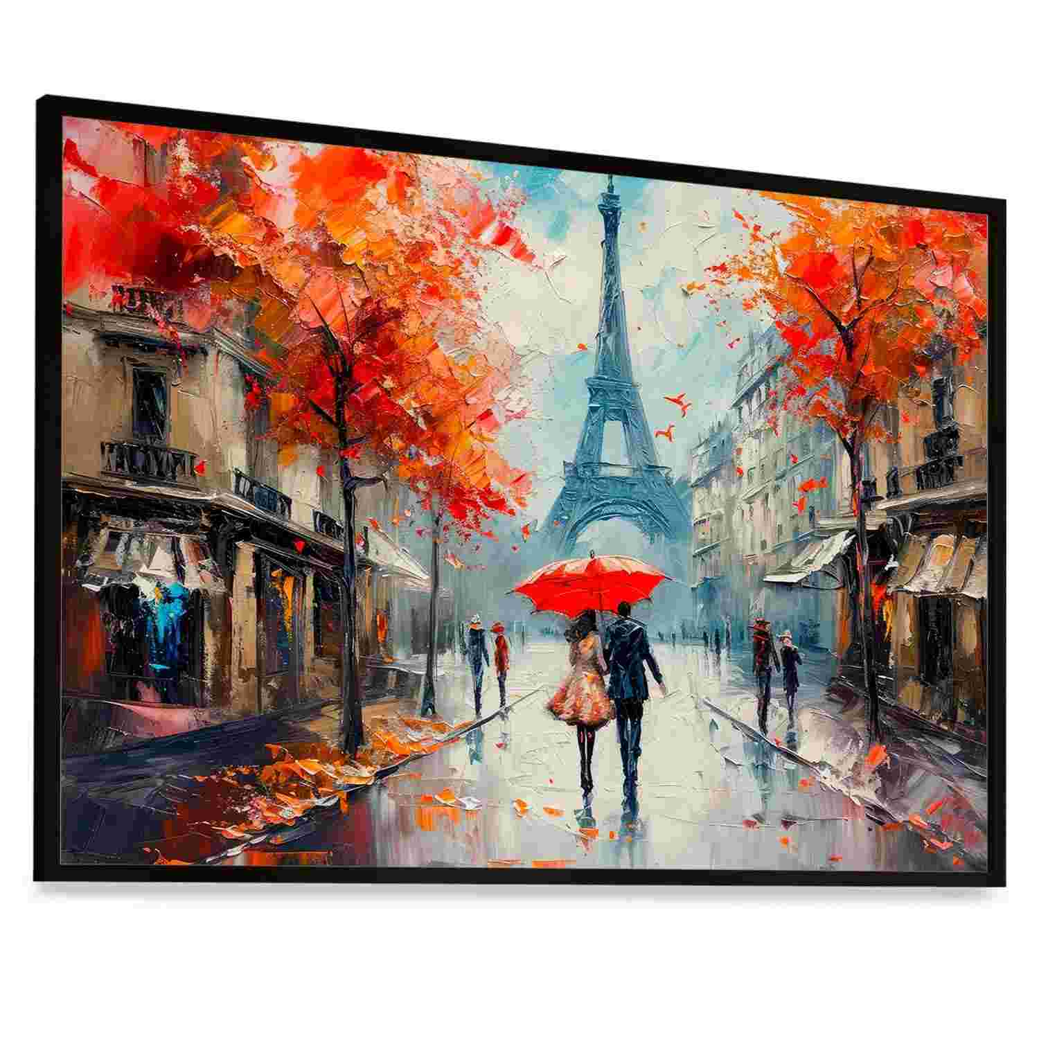Quadro Decorativo Paris Torre Eiffel com Casal e Guarda-Chuva - 63x43cm - Moldura Preta com Vidro