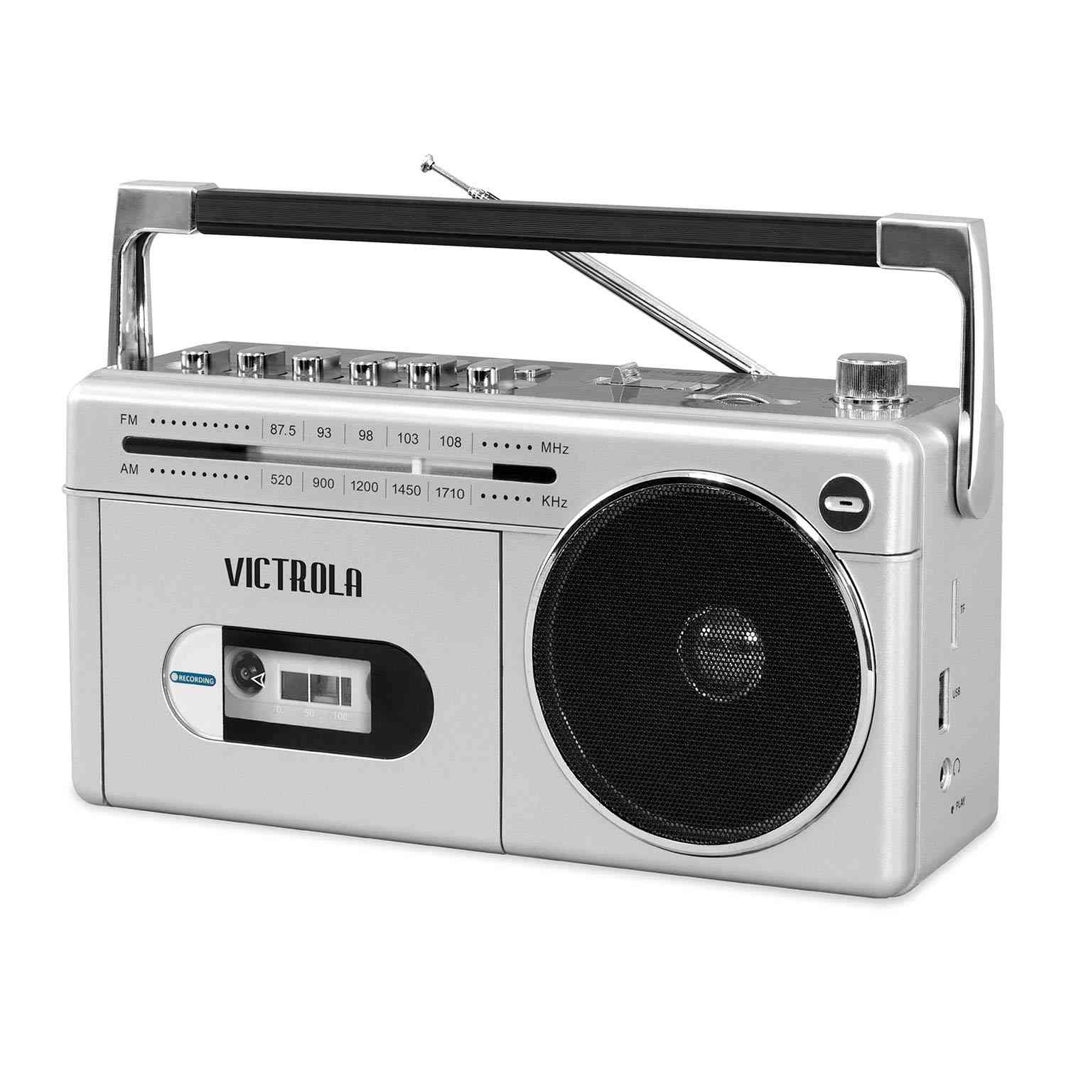 Victrola Mini Boombox Bluetooth VBB-25-SLV: Cassete, Rádio AM/FM e USB em Prata