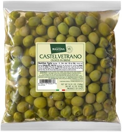 Mantova azeitonas castelvetrano inteiras em salmoura suave, 52,91 onças. (3,3 lb.) (pacote com 1), produto da Sicília, Itália, não OGM, sem glúten, sem colesterol, adequado para veganos, com