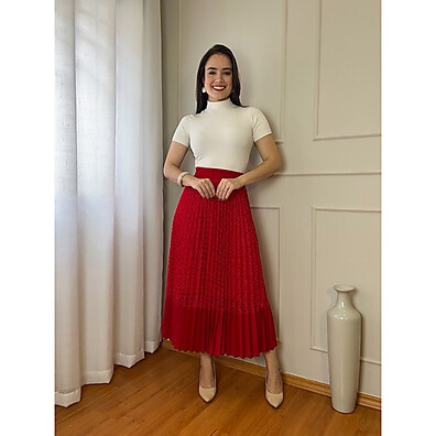 Saia Maxi Midi Plissada Renda: Elegância Casual