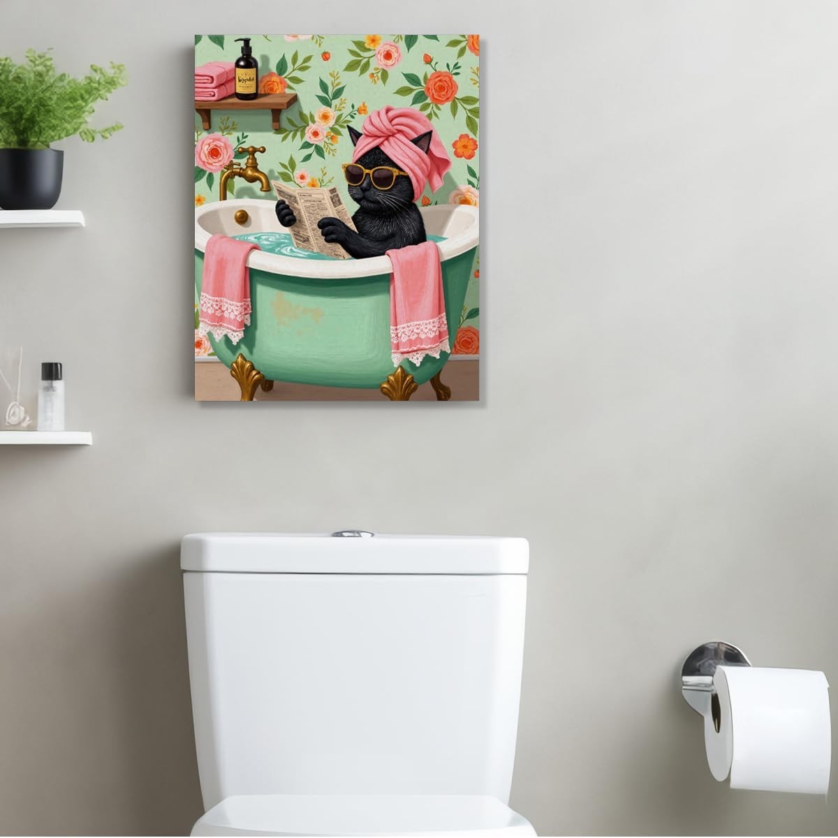 Arte de Parede Engraçada de Gato para Banheiro - Tela Decorativa Fofa com Estética Cat Lover