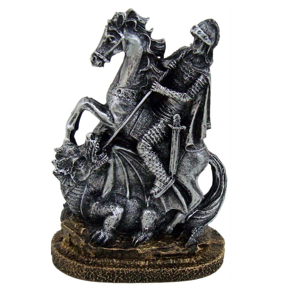 São Jorge Cavalo e Dragão Ogum em Resina Prata Envelhecida - Decoração Religiosa Refinada