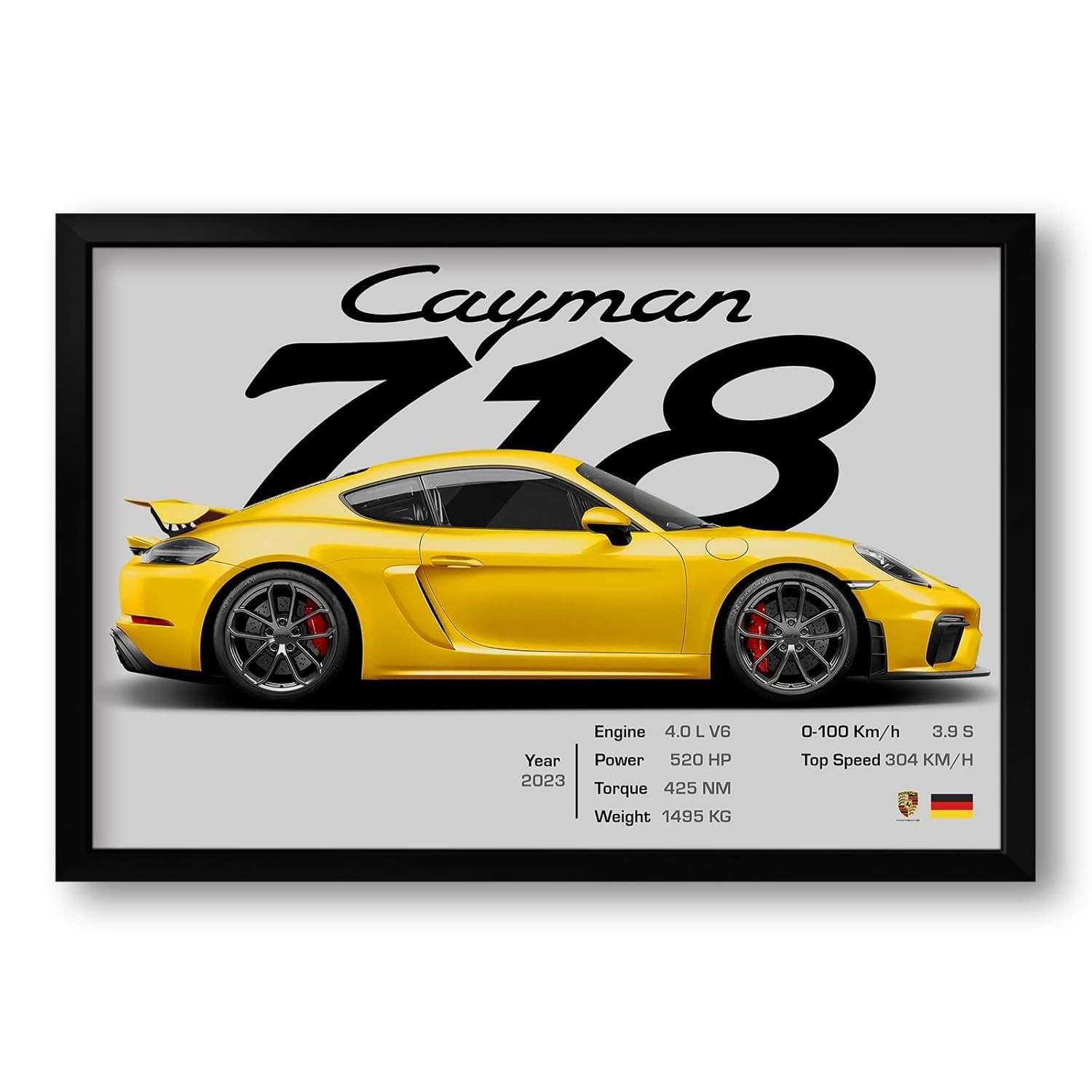 Quadro Porsche Cayman 718 60x40cm - Impressão Premium com Moldura Ecológica