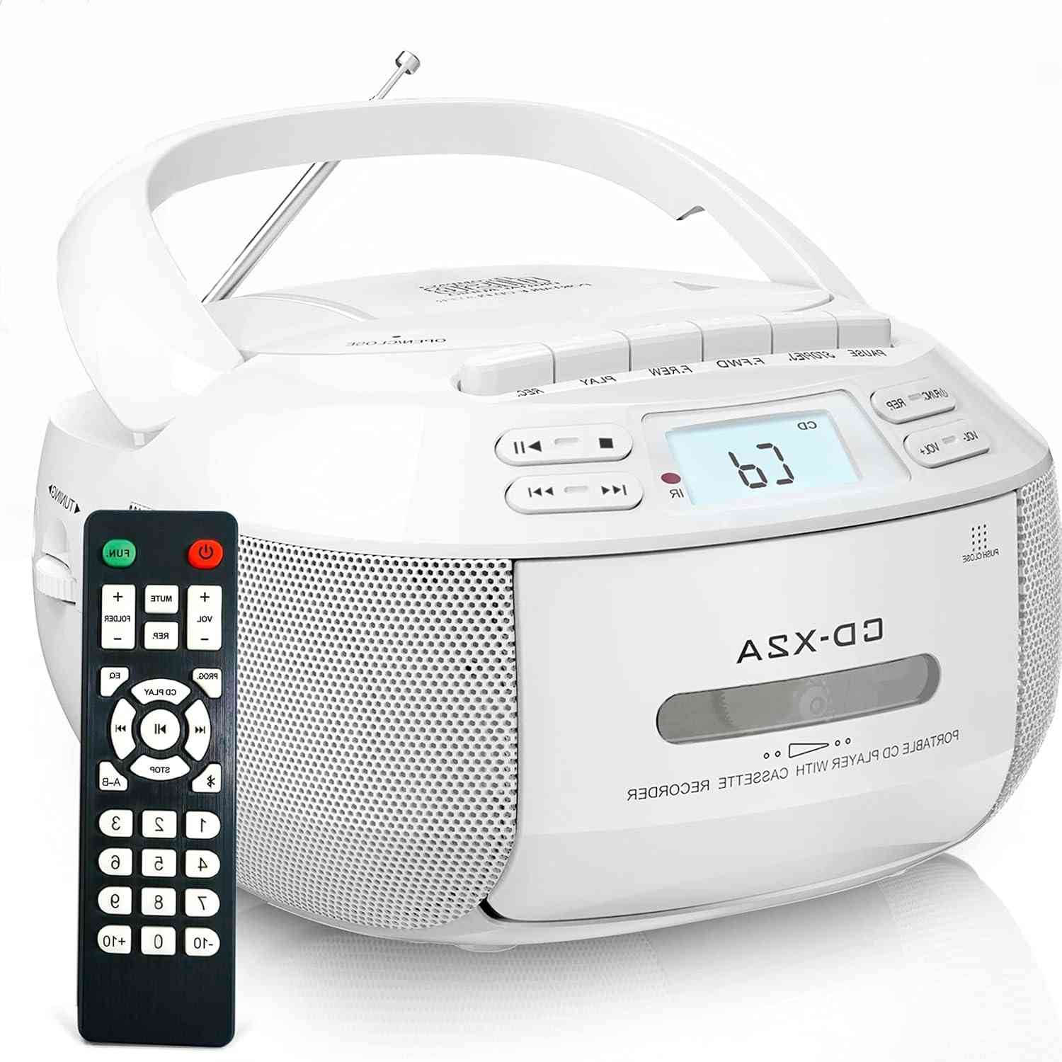 CD Player Portátil Bluetooth 5.1 com Rádio AM/FM, Cassete e USB - Som Imersivo e Versátil