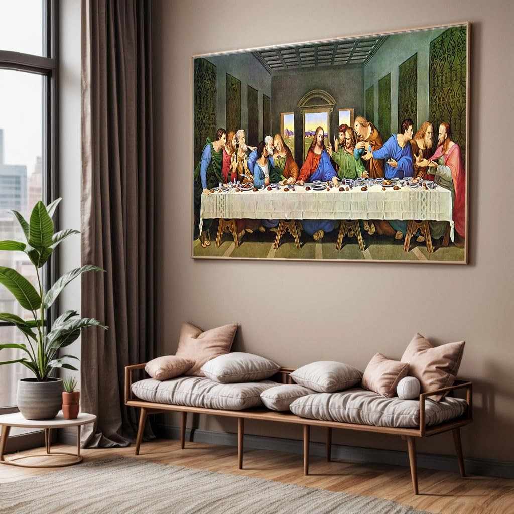 Quadro Santa Ceia com Moldura - Arte Religiosa Horizontal Grande para Sala e Quarto