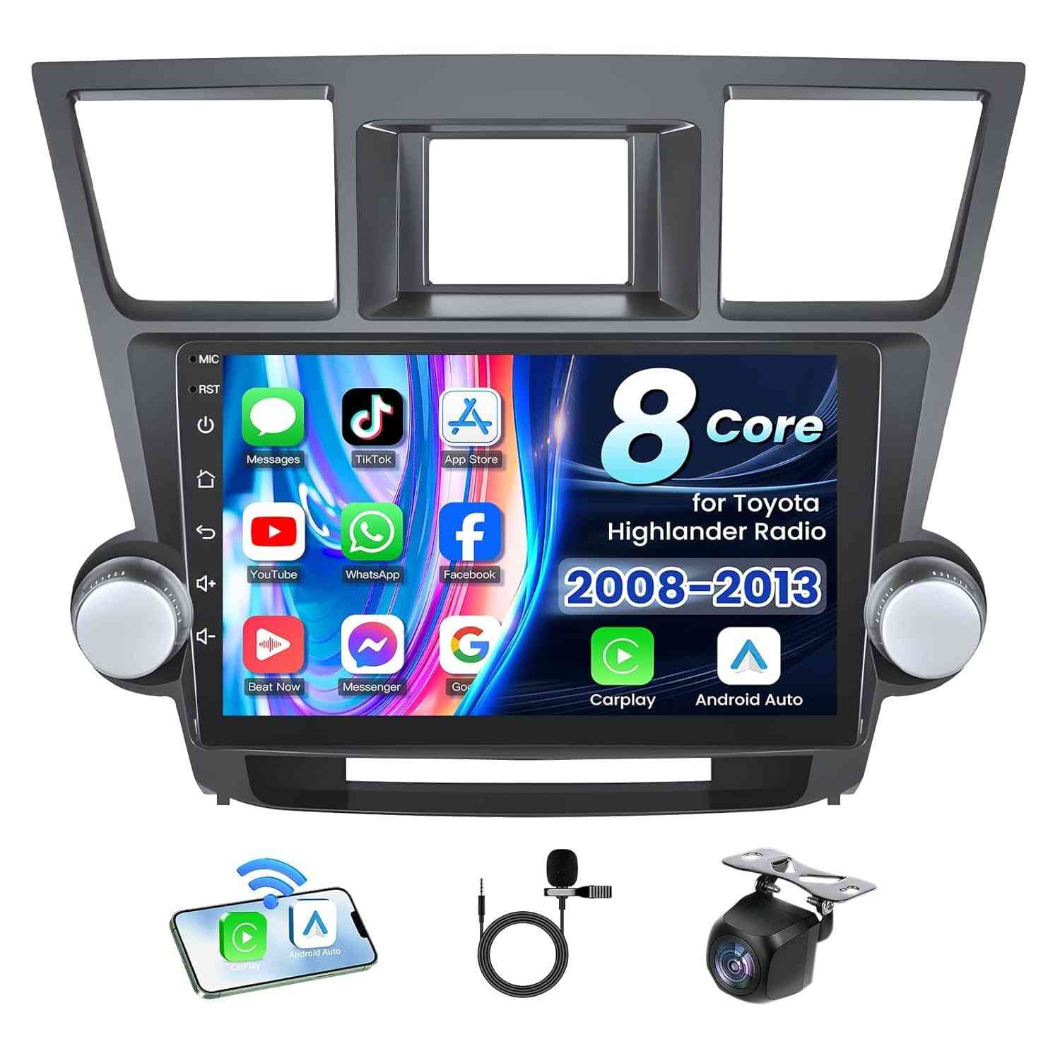 Central Multimídia Toyota Highlander 2008-2013: Tela 10.2" IPS, 8 Núcleos, 4GB RAM, 5G CarPlay/Android Auto Wireless