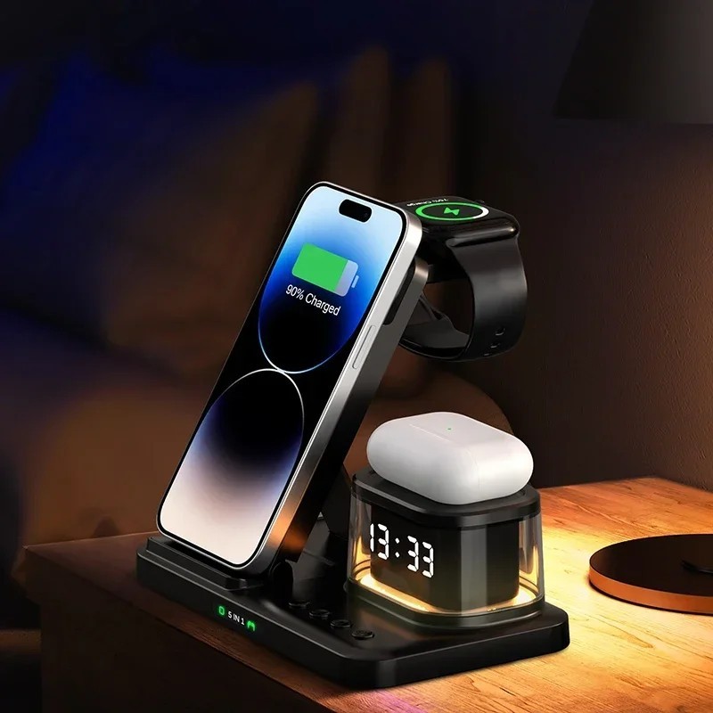 Central de Carga 5 em 1: Carregador Wireless + Relógio LED