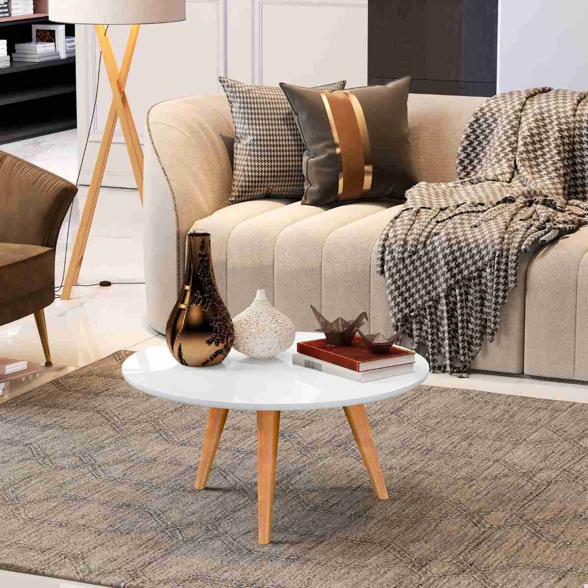Mesa de Centro Dubai - Design Redondo Tripé com Pés Palito em Madeira | Ideal para Salas Modernas