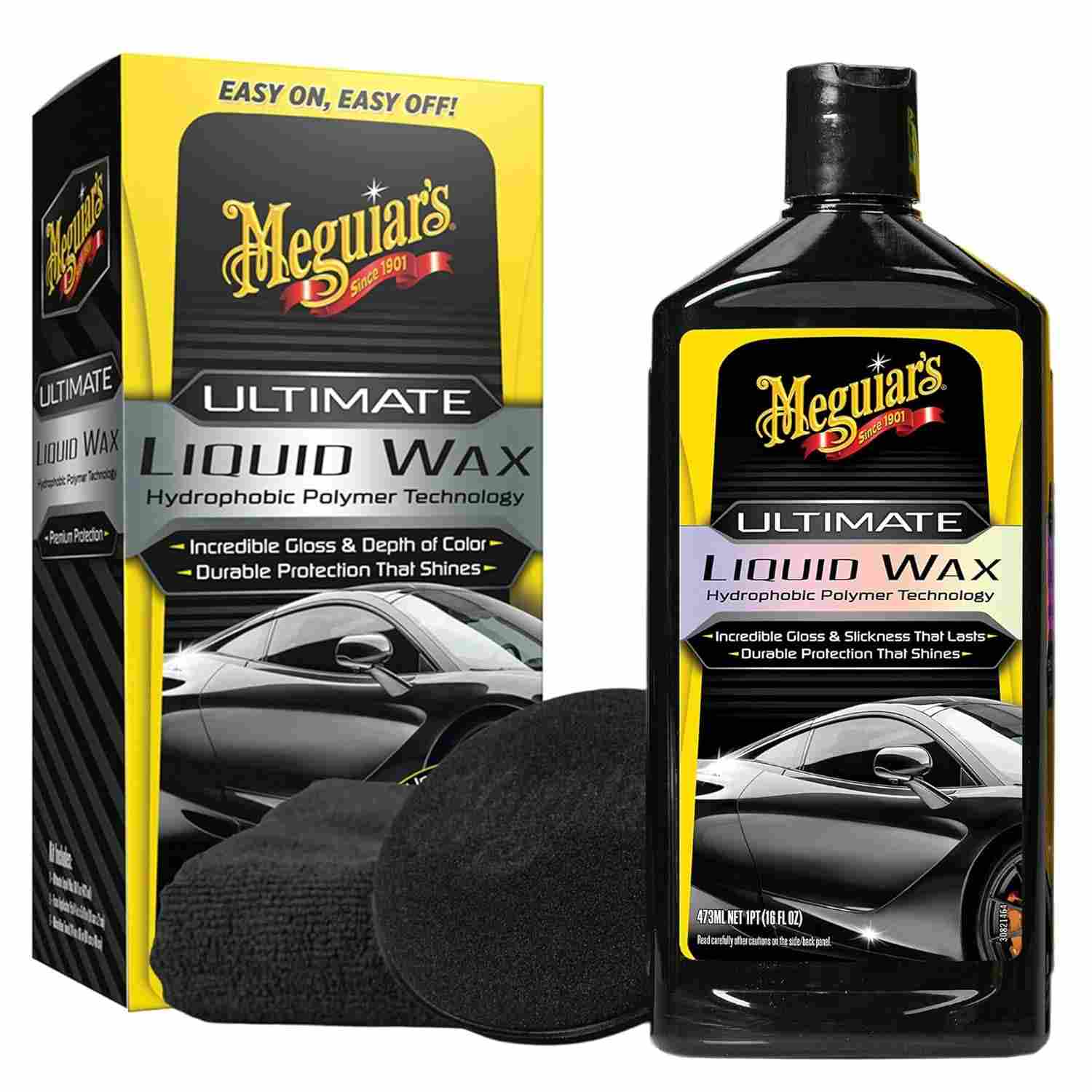 Meguiar's Cera líquida definitiva, fórmula de cera líquida melhorada para proteção durável que brilha, toalha premium e almofada aplicadora acessórios para carro incluídos, garrafa de 473 ml