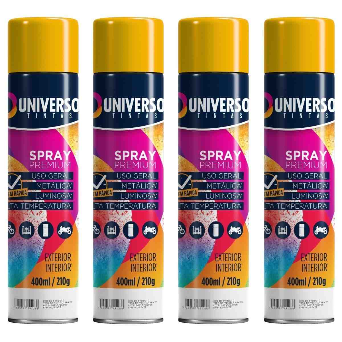Tinta Spray 400ml Amarelo Uso Geral em Aço Ferro Couro Gesso Cerâmica | Universo | Kit 04 un