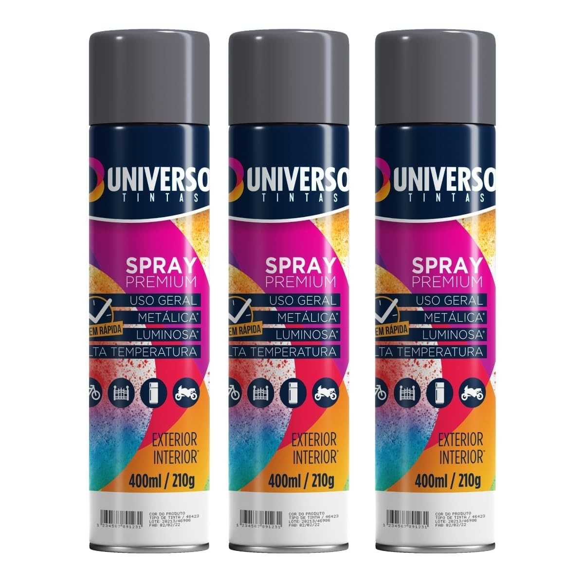 Tinta Spray 400ml Cinza Grafite Uso Geral em Aço Ferro Couro Gesso Cerâmica | Universo | Kit 03 un