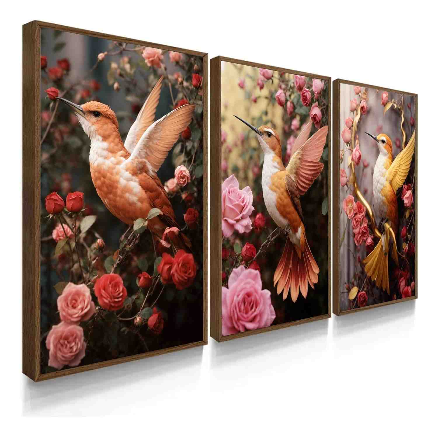 Quadro Decorativo Beija-Flor com Flores de Cerejeira Rosa Ouro - Kit 3 Peças 90x50cm