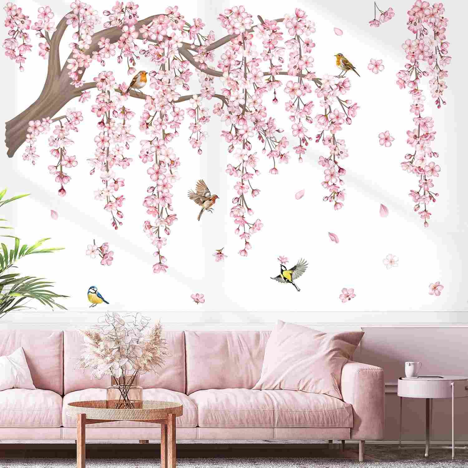 Decalque de Parede com Flores de Cerejeira e Pássaros - Adesivo Decorativo Rosa para Sala e Quarto