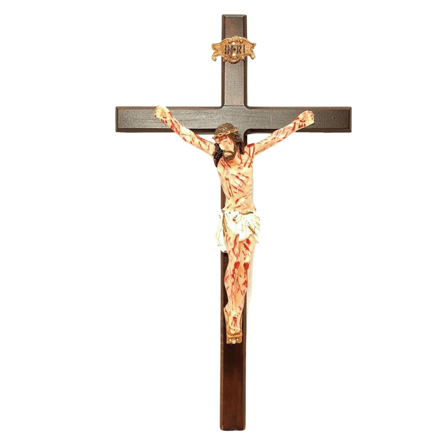 Crucifixo de Parede com Cristo Chagado em Resina Madeira 33 cm - Decoração Sagrada com Detalhes Realistas