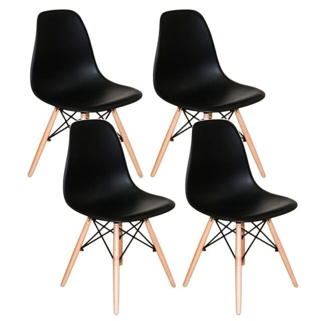Kit 4 Cadeiras Eiffel Charles Eames DSW – Design Moderno em Polipropileno Preto com Base de Madeira Clara
