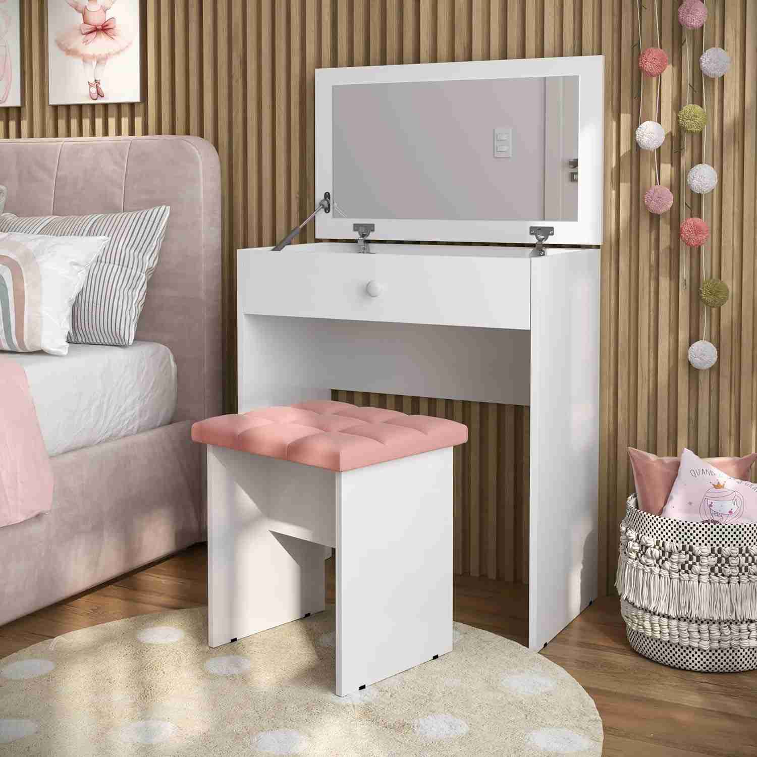 charme-penteadeira-e-organizacao-escrivaninha-e-quarto-gaveta-no-banqueta-a-rosa-espelho-com-a