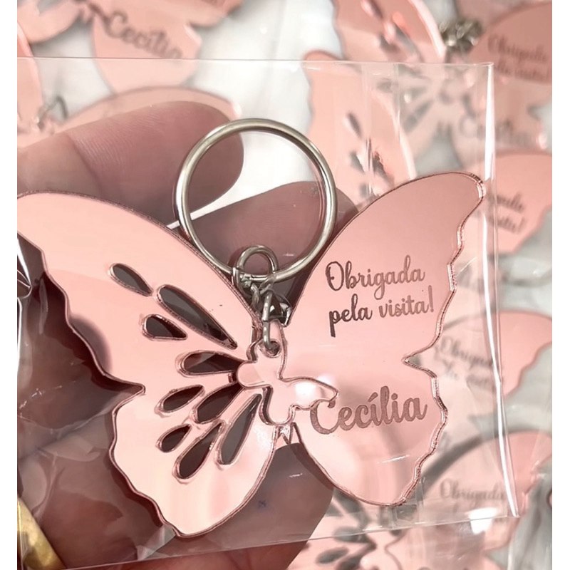 Chaveiro Personalizado em Acrílico: Borboleta, Coração e Flor com Nome Gravado