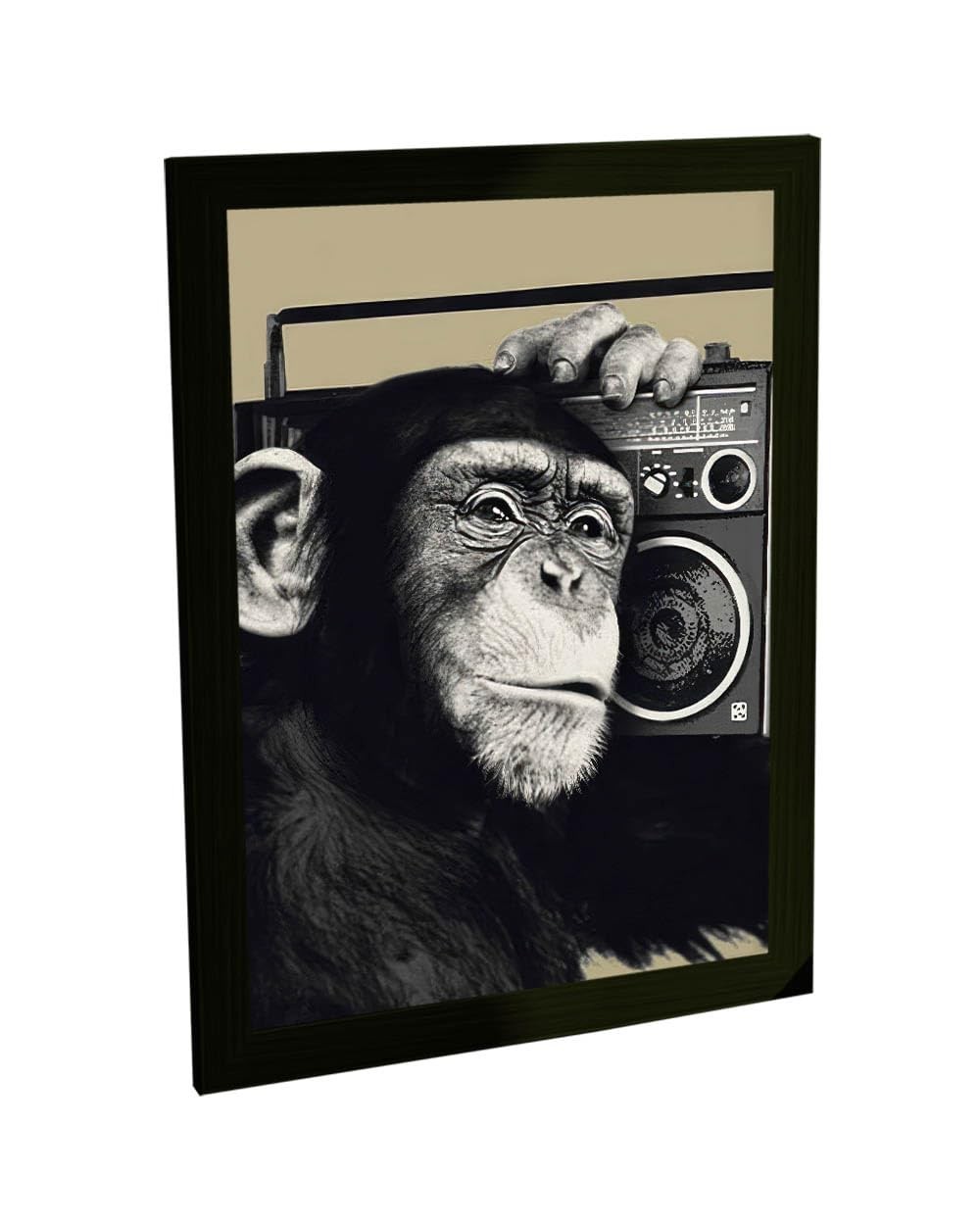 Quadro Decorativo A4 Macaco Chimpanzé Ouvindo Música - Moldura Pronta para Pendurar