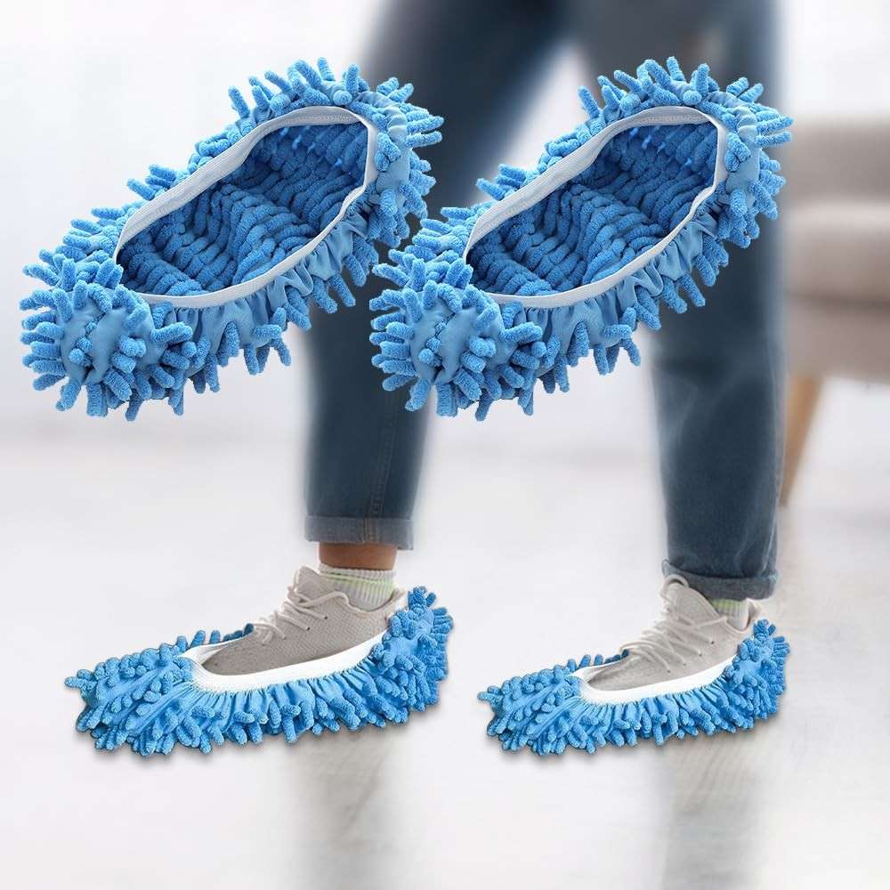 Chinelos de Esfregão Azuis com Almofadas de Microfibra Laváveis - Limpeza Macia e Prática para o Lar