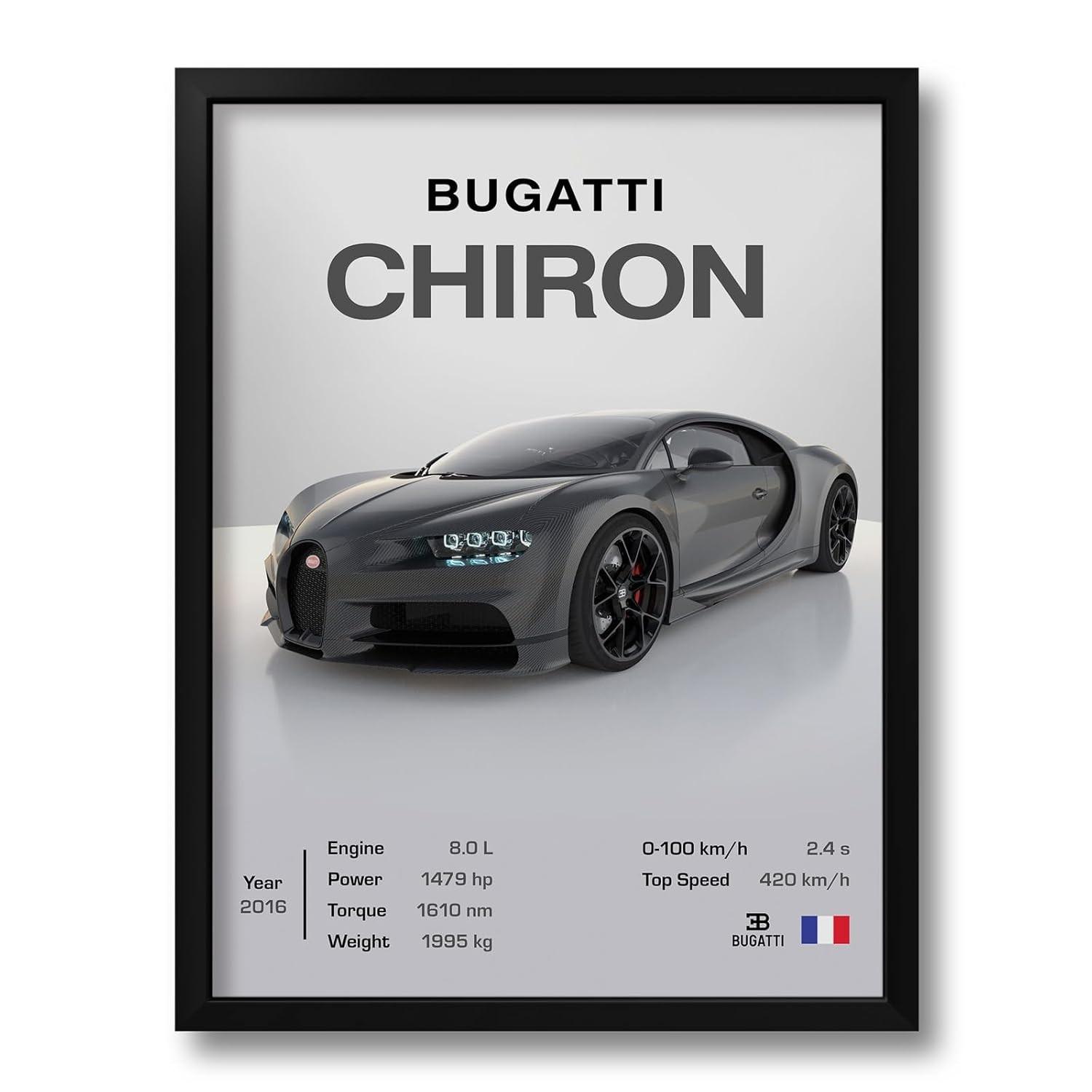 Quadro Decorativo Bugatti Chiron 33x43cm - Moldura Premium em Madeira com Acabamento Ecológico