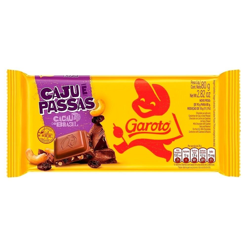 Chocolate Garoto Caju e Passas 80g: 16 Tabletes de Puro Prazer