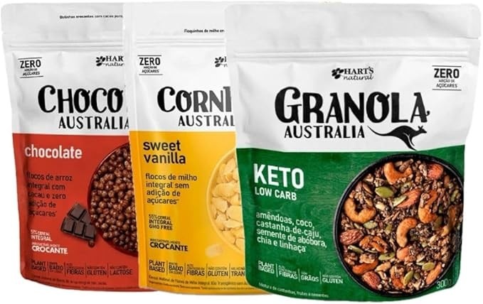Granola KETO Low Carb Sabor Original,ChocoPops Sabor Chocolate e Corn Flakes Sabor Sweet Vanilla-Kit 3 und-Hart's Natural