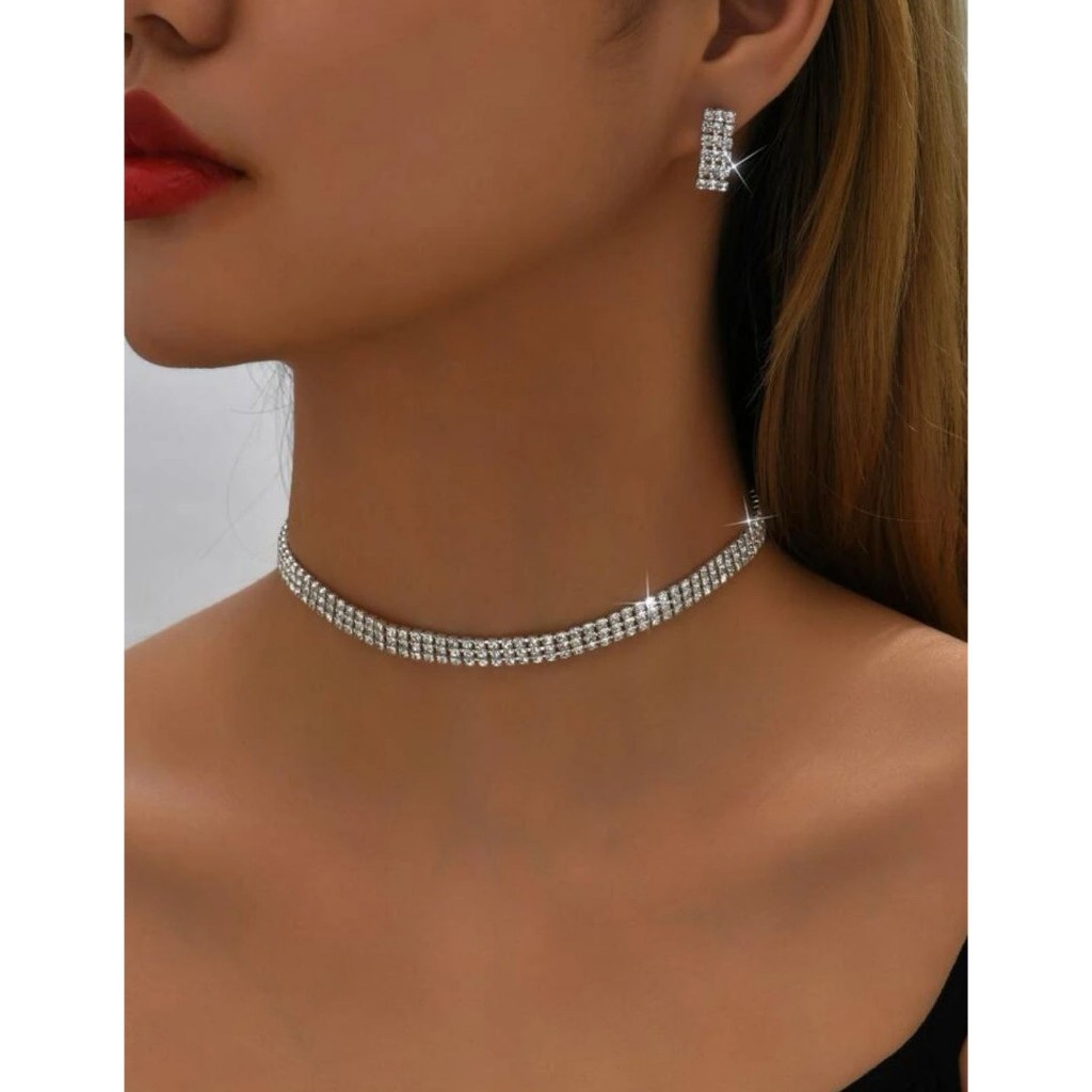 Choker de Prata Fina com Brinco para Mulheres – Nova Cristal