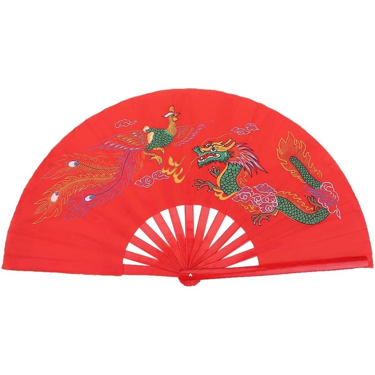 Leque Oriental com Desenho de Dragão e Fênix Kung Fu Dança Tai Chin Chuan - Vermelho