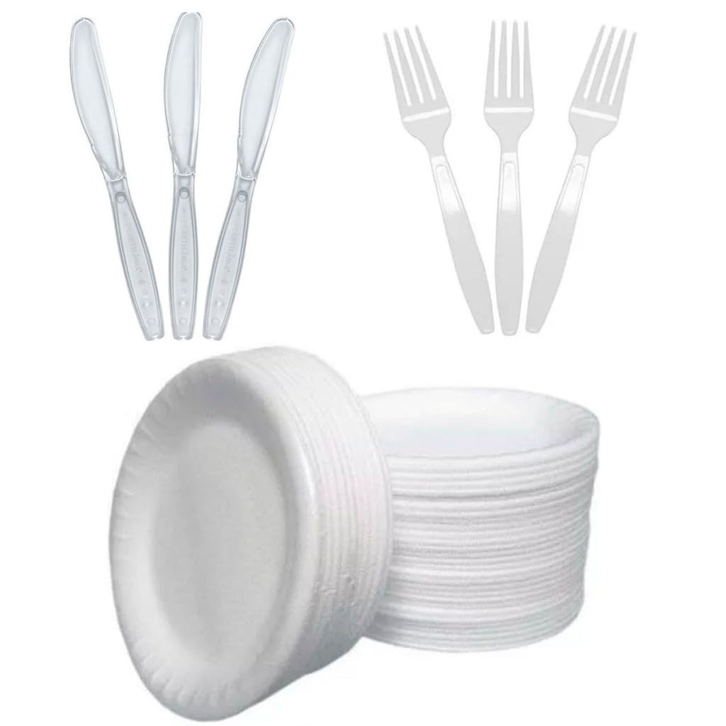 Kit Churrasco Feijoada - 100 Pratos Isopor + 100 Facas + 100 Garfos Descartáveis