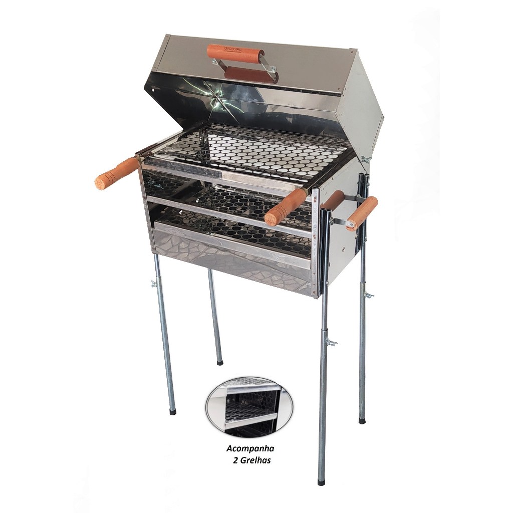Churrasqueira Inox Portátil com 2 Grelhas e Tampa a Bafo – Ideal para Famílias e Comerciantes