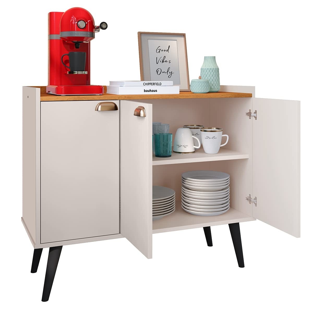 Aparador Balcão Buffet 3 Portas com Prateleira e Puxadores Concha - Design Off White e Cinamomo